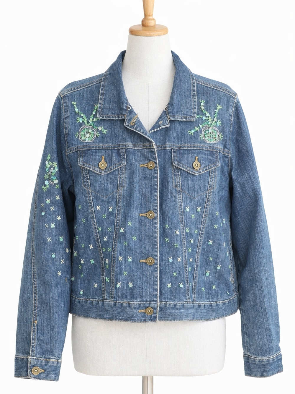 Victor Costa Occasion Beaded Denim Jacket Medium Y2K Boho Western Turquoise